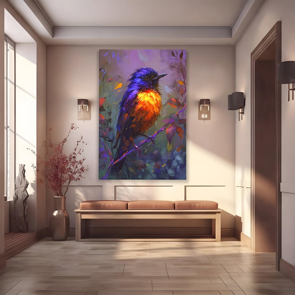 Tablou canvas cu tablou canvas cu pasare colorata pe ramura, fara rama, pe sasiu de lemn